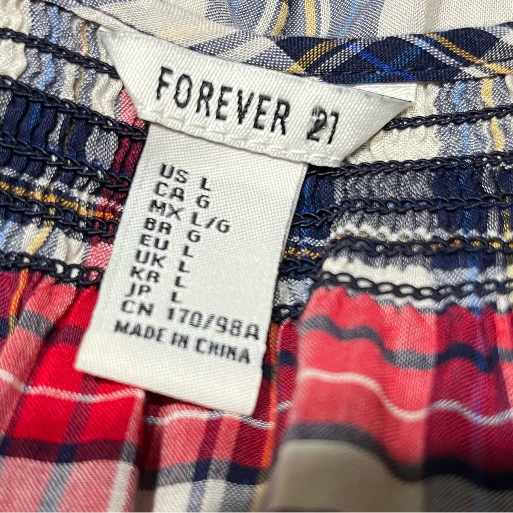 FOREVER 21 Red White Blue Plaid Cotton Dress Sz L Long Sleeve Coastal Preppy USA - Picture 9 of 11